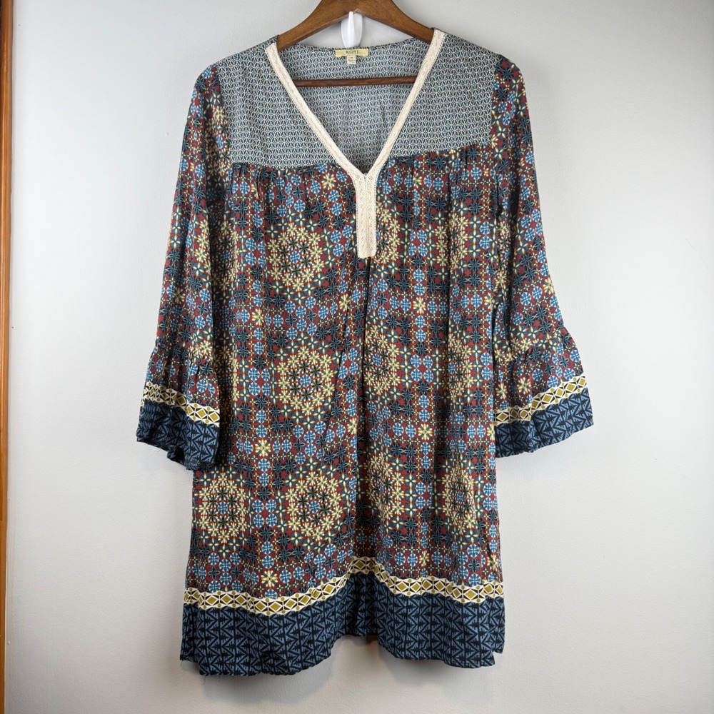 Womens Bell‎ Sleeve Crochet Trim Tunic Top M Boho Mixed Print Peasant Festival
